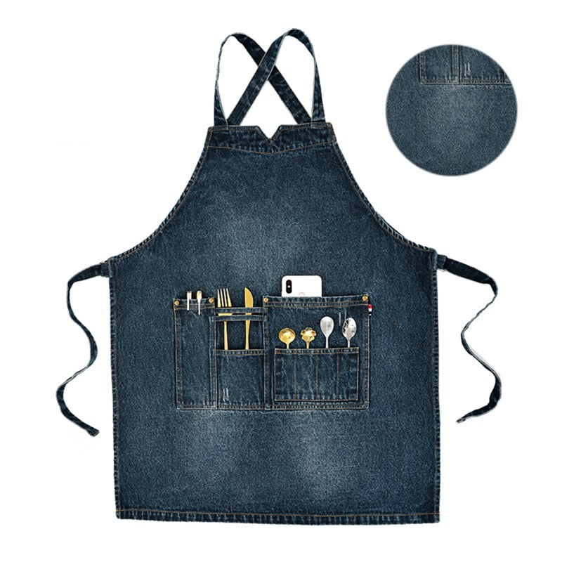 Cross-back Blue Denim Apron Restaurant Cafe Barista Bartender Pastry Chef Uniform Barber Hairdresser Florist Artist Workwear