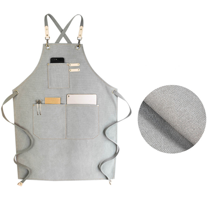 Cross-back Canvas Apron Gray Cafe Barista Bartender Pastry Chef Uniform Blue Florist Barber Hairdresser Work Wear