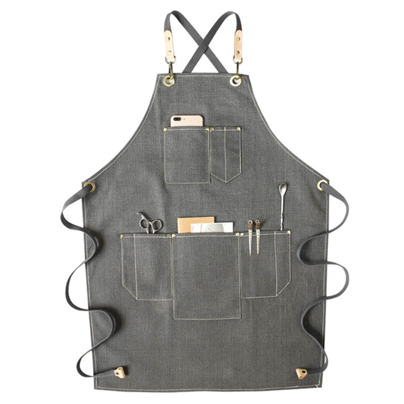 Cross-back Gray Canvas Apron Waitstaff Barista Bartender Pastry Chef Uniform Barber Hairdresser Florist Painter Work Wear