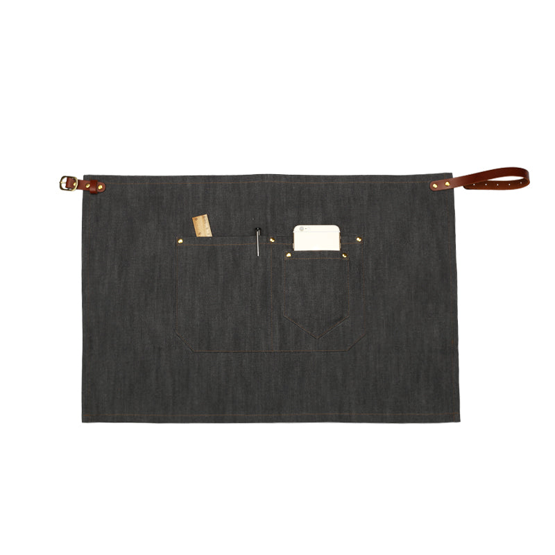 Gray Denim Waist Apron Cowhide Leather Straps Barista Bartender BBQ Pastry Chef Catering Uniform Florist Artist Workwear