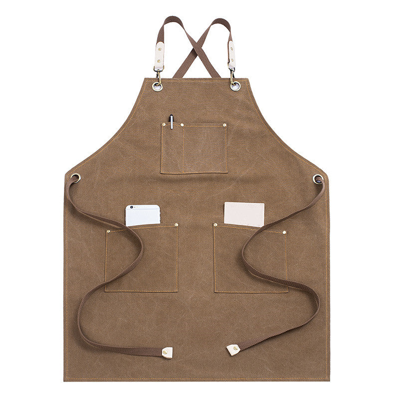 Cross-back Khaki Canvas Apron Gray Gardener Florist Workwear Pastry Chef Cafe Barista Bartender Bistro Restaurant Uniform