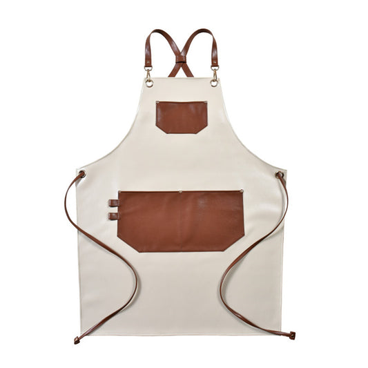Cross-back Beige PU Apron Barista Bartender Pastry Chef Cafe Bistro BBQ Uniform Florist Barber Carpenter WorkWear