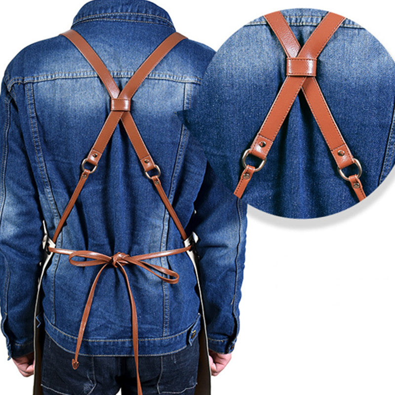 Cross-back Beige PU Apron Barista Bartender Pastry Chef Cafe Bistro BBQ Uniform Florist Barber Carpenter WorkWear