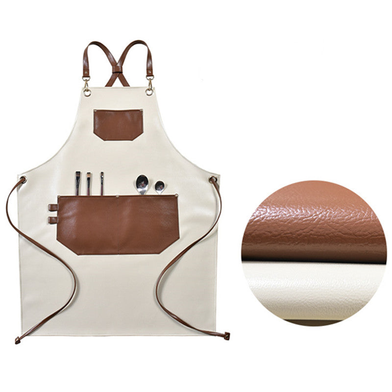 Cross-back Beige PU Apron Barista Bartender Pastry Chef Cafe Bistro BBQ Uniform Florist Barber Carpenter WorkWear