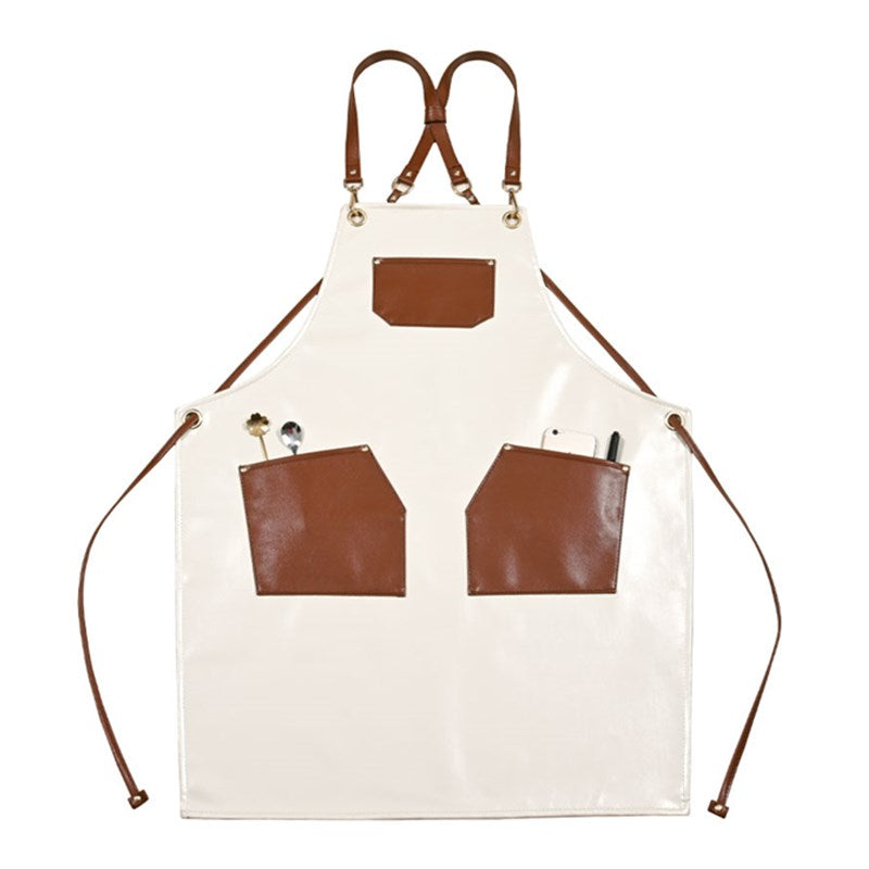 Cross-back Beige PU Apron Barista Bartender Pastry Chef Cafe Bistro BBQ Uniform Florist Barber Carpenter WorkWear