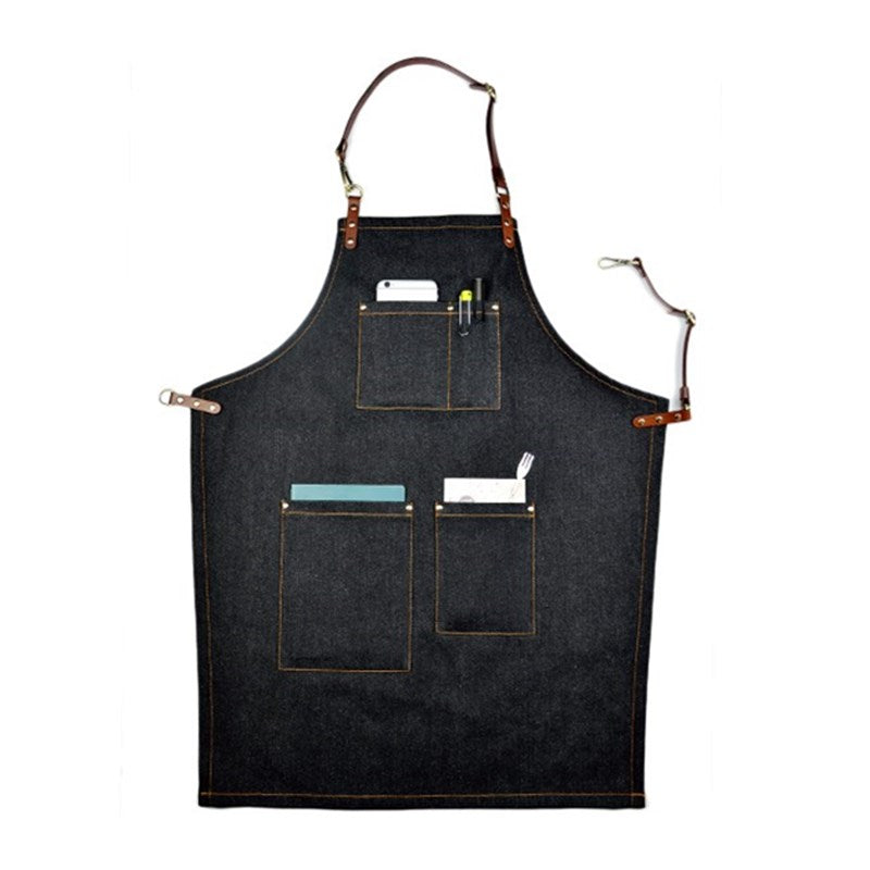 Black Denim Apron Cowhide Leather Strap Barista Bakery Barman BBQ Chef Uniform Barber Hairdresser Florist Gardener Workwear