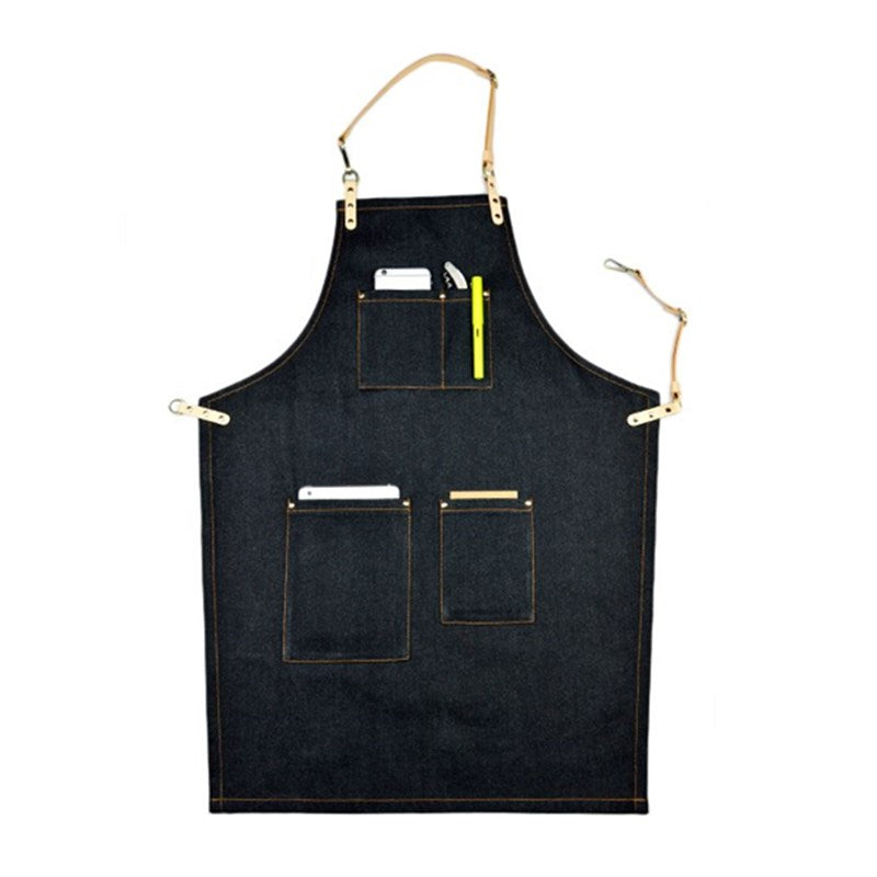 Black Denim Apron Cowhide Leather Strap Barista Bakery Barman BBQ Chef Uniform Barber Hairdresser Florist Gardener Workwear