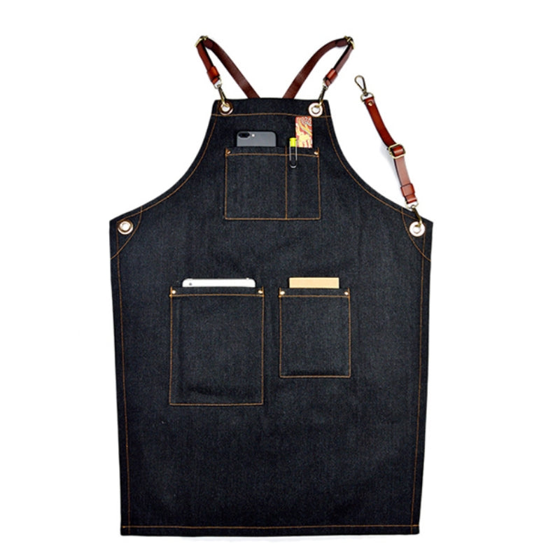 Black Denim Apron Cowhide Leather Strap Barista Bakery Barman BBQ Chef Uniform Barber Hairdresser Florist Gardener Workwear