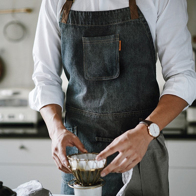 Black Denim Bib Apron Barista Cafe Bartender Baker Pastry Chef Uniform Restaurant Bistro Hotel Coffee Bar Work Wear