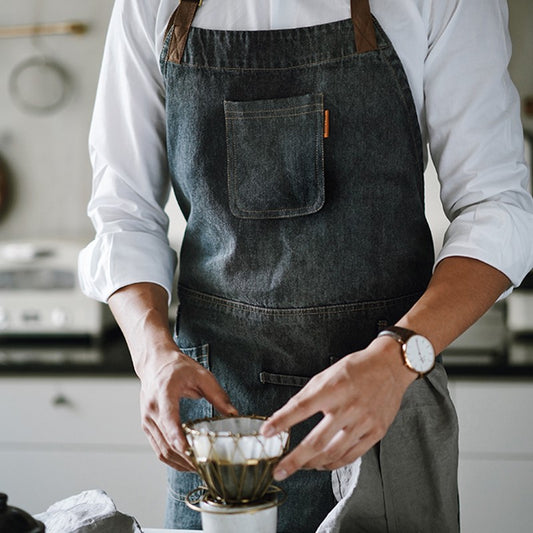 Black Denim Bib Apron Barista Cafe Bartender Baker Pastry Chef Uniform Restaurant Bistro Hotel Coffee Bar Work Wear