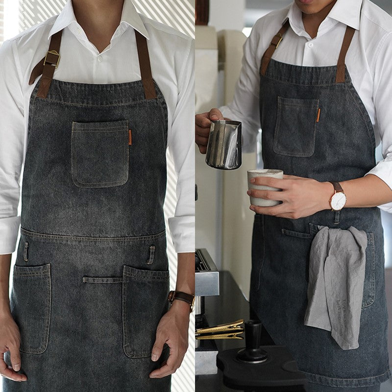 Black Denim Bib Apron Barista Cafe Bartender Baker Pastry Chef Uniform Restaurant Bistro Hotel Coffee Bar Work Wear