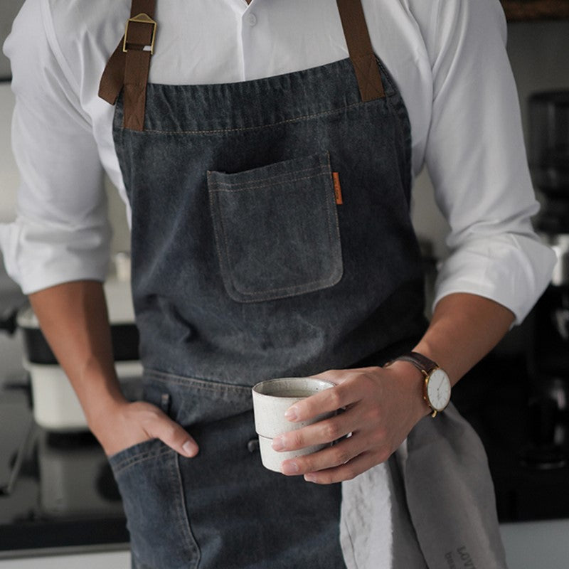 Black Denim Bib Apron Barista Cafe Bartender Baker Pastry Chef Uniform Restaurant Bistro Hotel Coffee Bar Work Wear