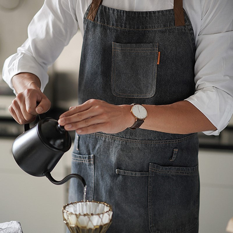 Black Denim Bib Apron Barista Cafe Bartender Baker Pastry Chef Uniform Restaurant Bistro Hotel Coffee Bar Work Wear
