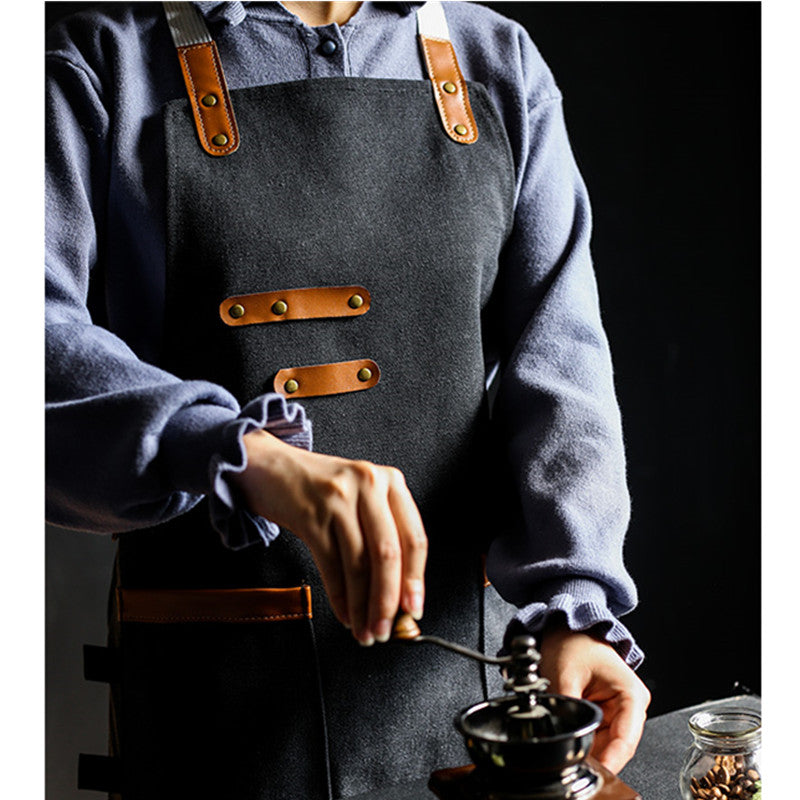 Dark Gray Cross-back Canvas Apron Khaki Waiter Waitress Cafe Baker Barista Bartender Uniform Florist Barber Gardener Workwear