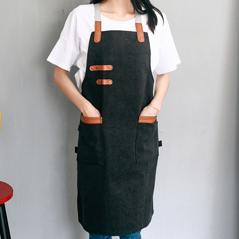 Dark Gray Cross-back Canvas Apron Khaki Waiter Waitress Cafe Baker Barista Bartender Uniform Florist Barber Gardener Workwear