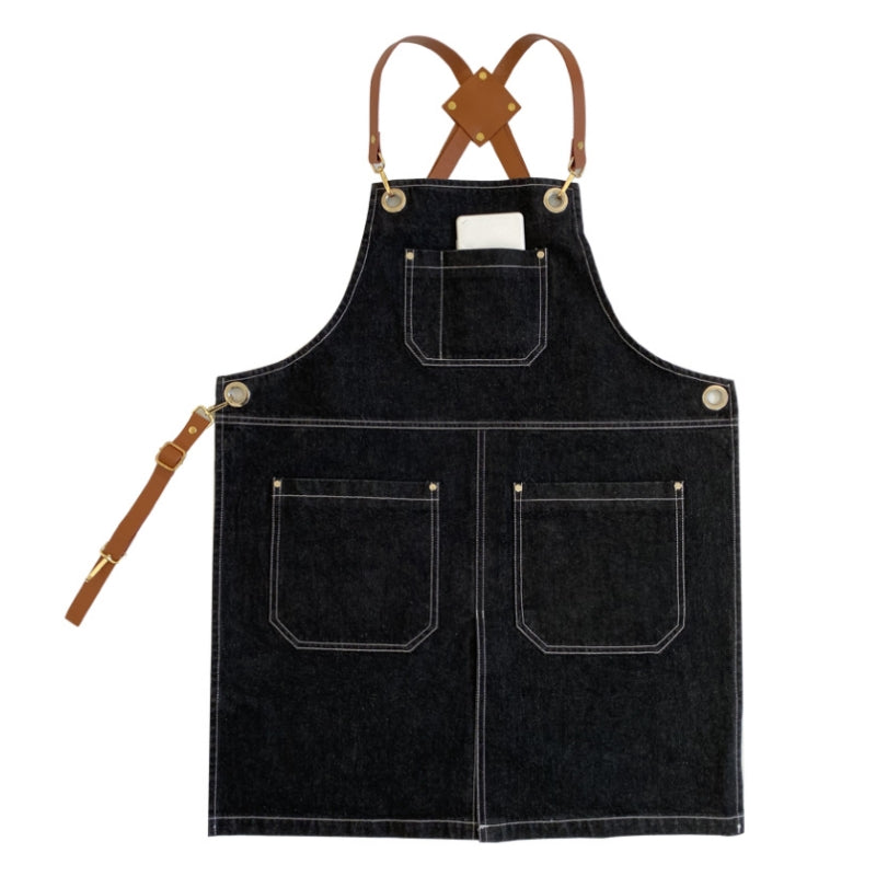 Blue Black Denim Apron Barista Cafe Bartender Pastry Chef Uniform Restaurant Bistro Florist Painter Ceramic Artist Workwear