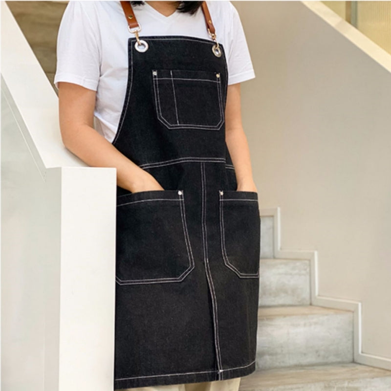 Blue Black Denim Apron Barista Cafe Bartender Pastry Chef Uniform Restaurant Bistro Florist Painter Ceramic Artist Workwear