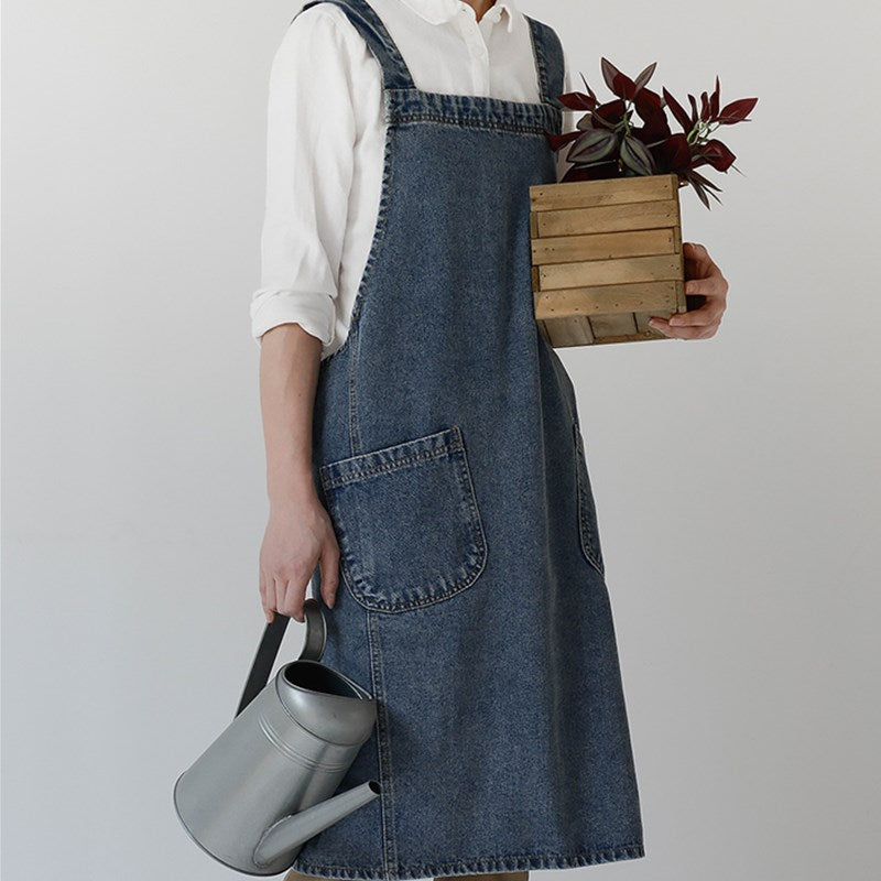 Cross-back Blue Denim Apron Barista Baker Bartender Waitress Pastry Chef Uniform Florist Gardener Painter Manicure Work wear
