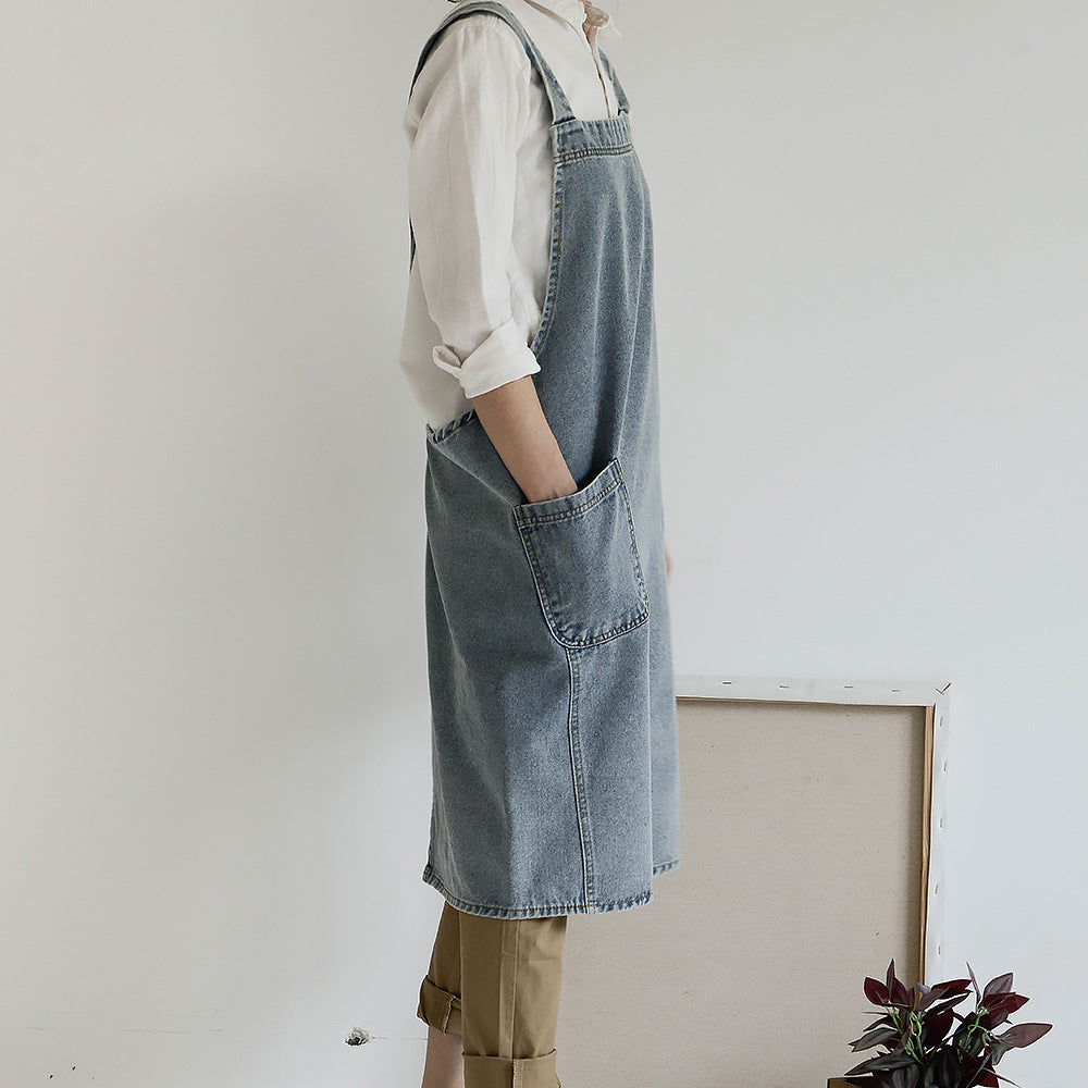 Cross-back Blue Denim Apron Barista Baker Bartender Waitress Pastry Chef Uniform Florist Gardener Painter Manicure Work wear