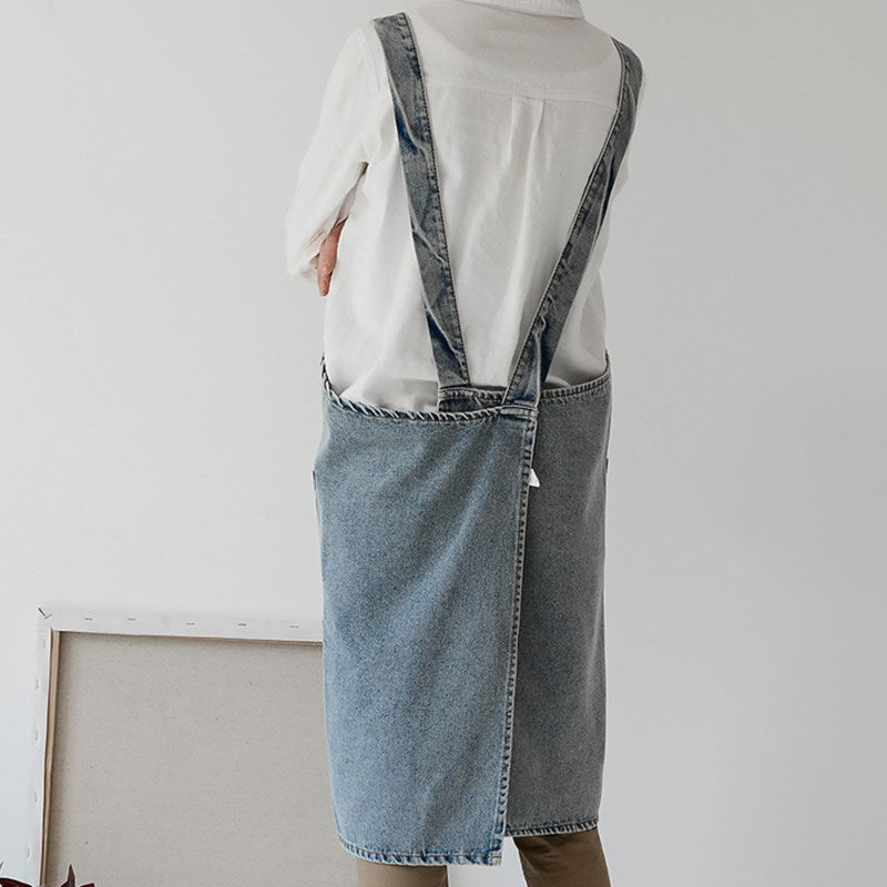 Cross-back Blue Denim Apron Barista Baker Bartender Waitress Pastry Chef Uniform Florist Gardener Painter Manicure Work wear