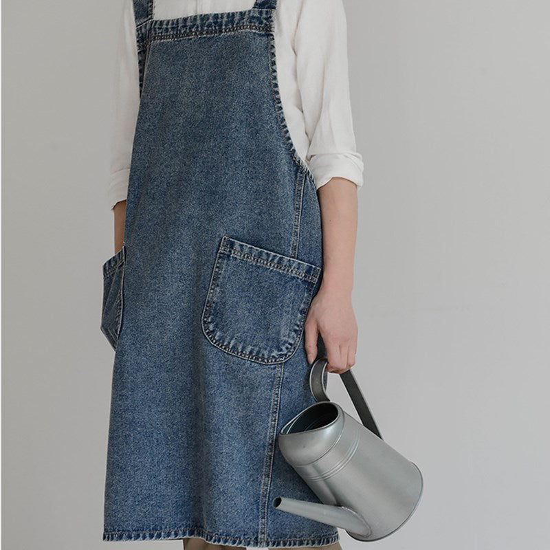 Cross-back Blue Denim Apron Barista Baker Bartender Waitress Pastry Chef Uniform Florist Gardener Painter Manicure Work wear