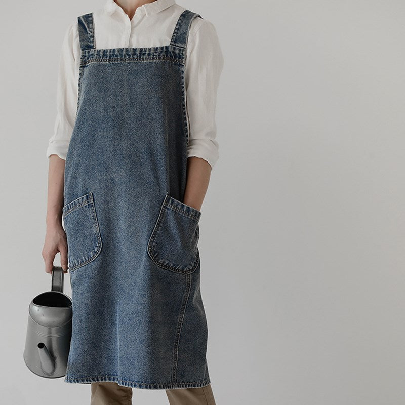 Cross-back Blue Denim Apron Barista Baker Bartender Waitress Pastry Chef Uniform Florist Gardener Painter Manicure Work wear