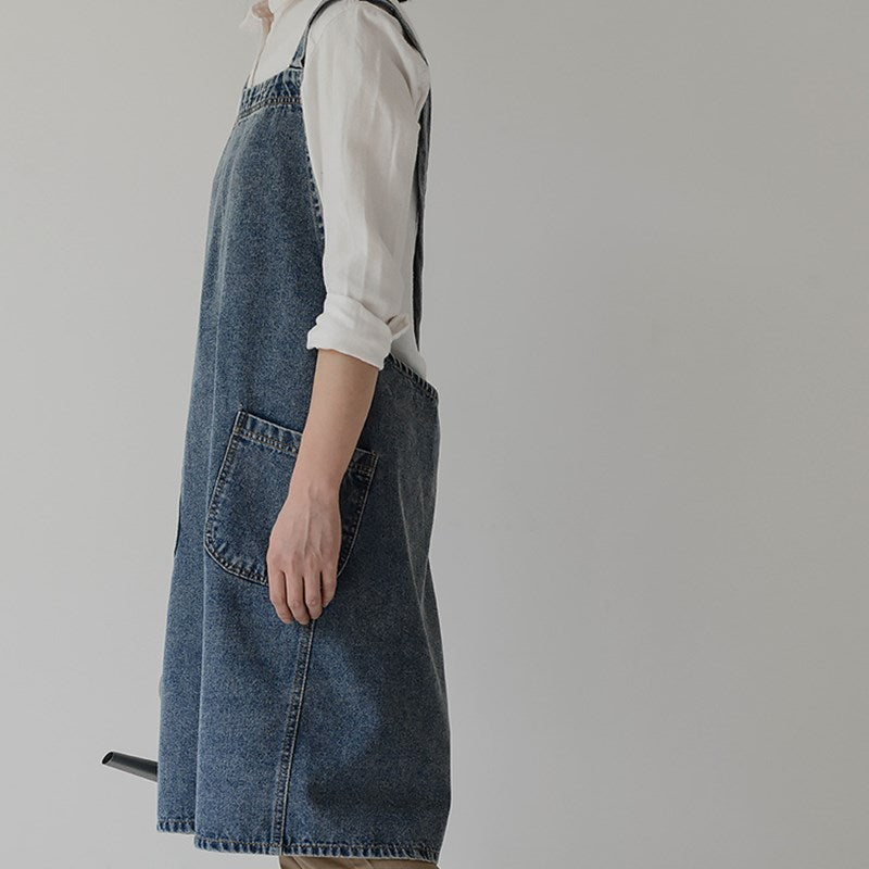 Cross-back Blue Denim Apron Barista Baker Bartender Waitress Pastry Chef Uniform Florist Gardener Painter Manicure Work wear