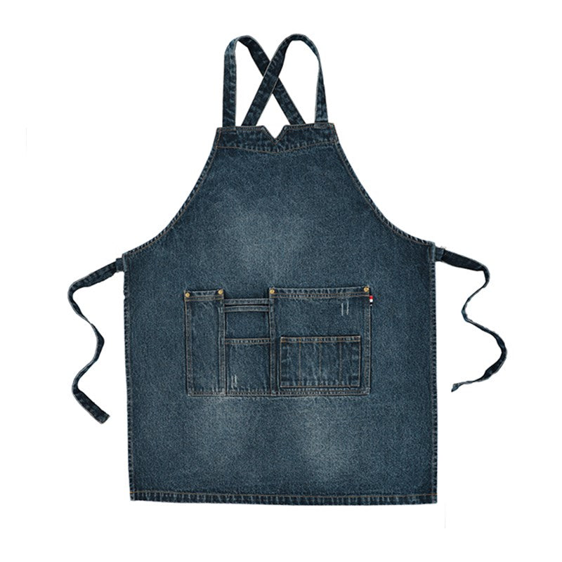 Cross-back Blue Denim Apron Restaurant Cafe Barista Bartender Pastry Chef Uniform Barber Hairdresser Florist Artist Workwear