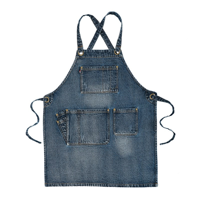 Cross-back Blue Denim Apron Restaurant Cafe Barista Bartender Pastry Chef Uniform Barber Hairdresser Florist Artist Workwear