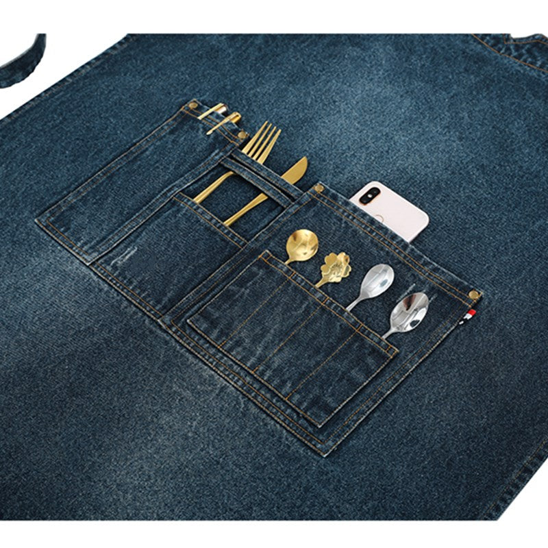 Cross-back Blue Denim Apron Restaurant Cafe Barista Bartender Pastry Chef Uniform Barber Hairdresser Florist Artist Workwear