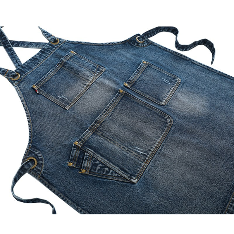 Cross-back Blue Denim Apron Restaurant Cafe Barista Bartender Pastry Chef Uniform Barber Hairdresser Florist Artist Workwear