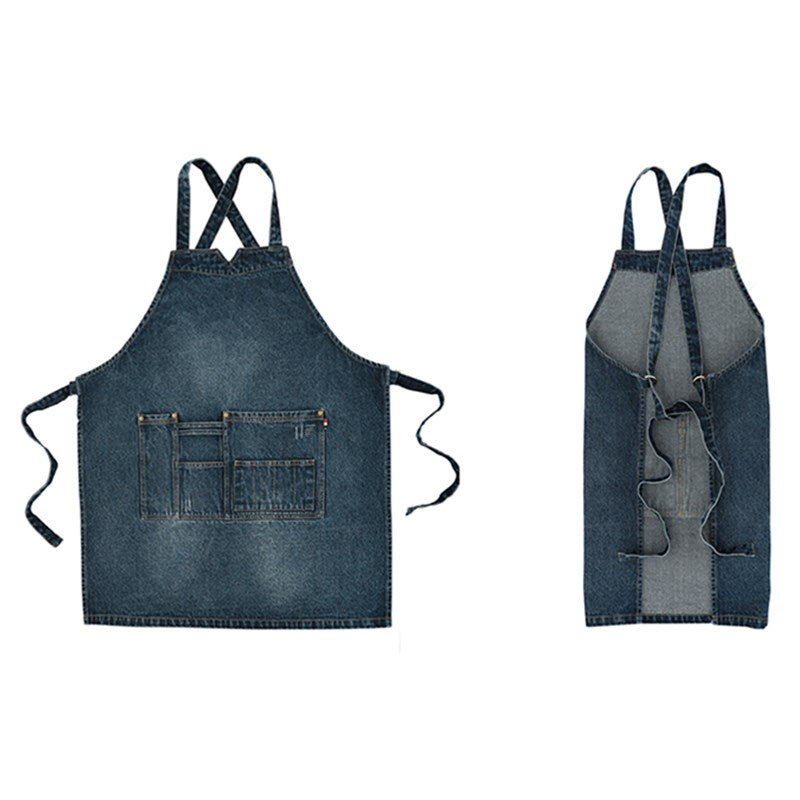 Cross-back Blue Denim Apron Restaurant Cafe Barista Bartender Pastry Chef Uniform Barber Hairdresser Florist Artist Workwear