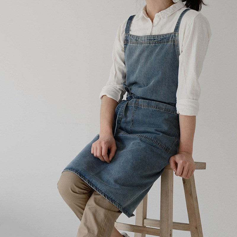 Blue Denim Apron Cafe Barista Baker Bartender Waitress Pastry Chef Catering Uniform Florist Gardener Painter Artist Workwear