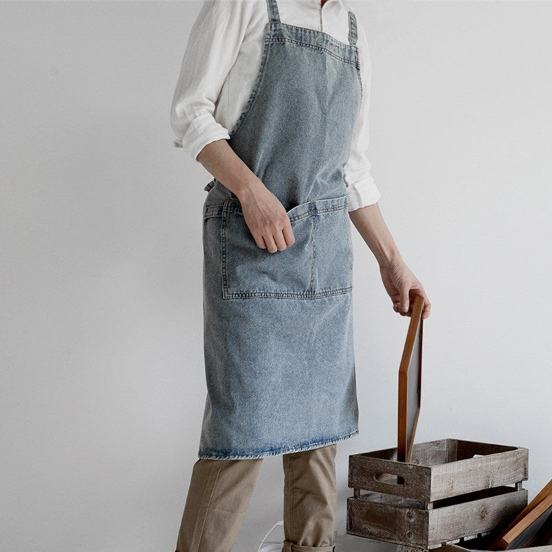 Blue Denim Apron Cafe Barista Baker Bartender Waitress Pastry Chef Catering Uniform Florist Gardener Painter Artist Workwear