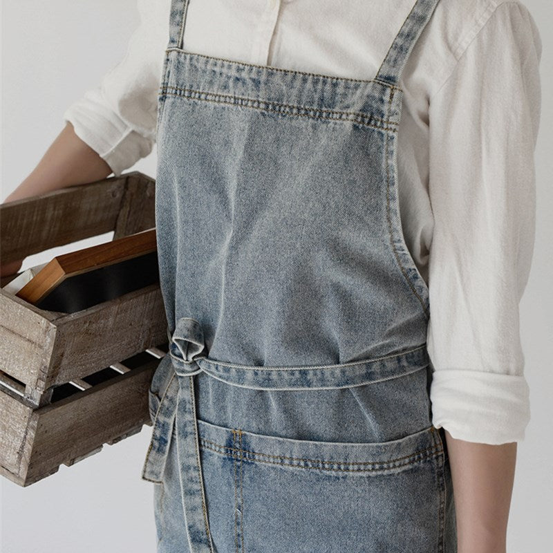 Blue Denim Apron Cafe Barista Baker Bartender Waitress Pastry Chef Catering Uniform Florist Gardener Painter Artist Workwear