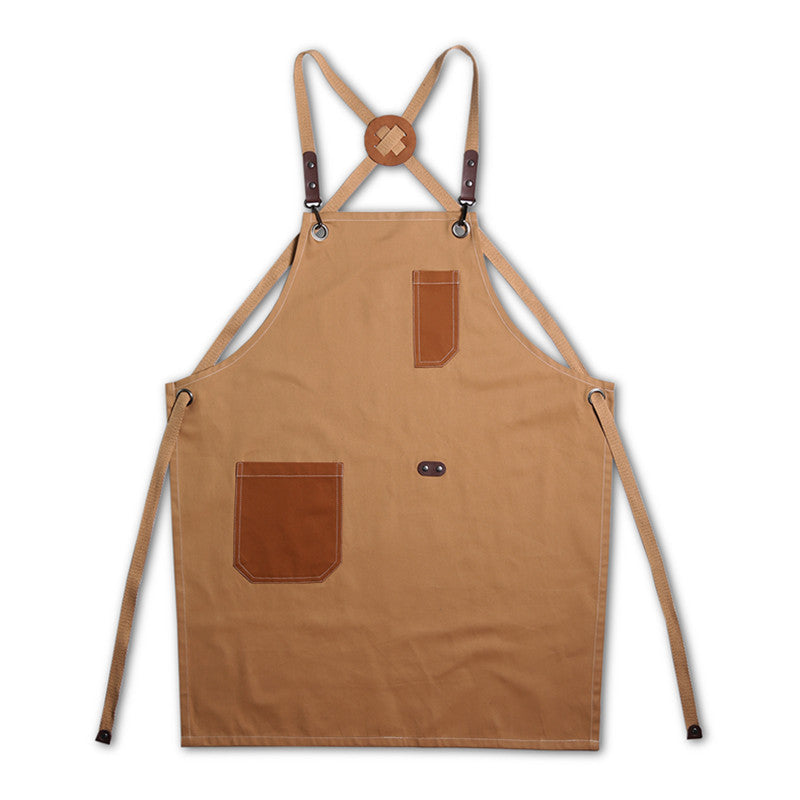 Cross-back Cotton Apron Brown Cooking Baking Crafting Workwear Khaki Cafe Barista Restaurant Bakery Pastry Chef Bartender Uniform
