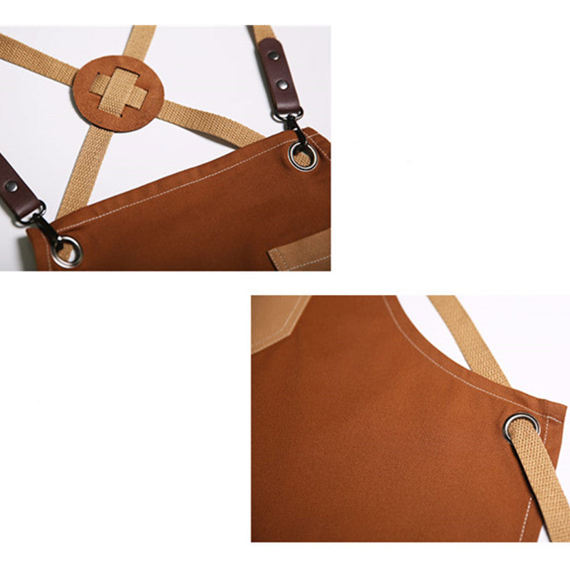Cross-back Cotton Apron Brown Cooking Baking Crafting Workwear Khaki Cafe Barista Restaurant Bakery Pastry Chef Bartender Uniform