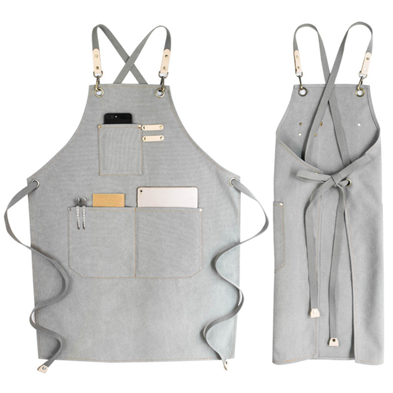 Cross-back Canvas Apron Gray Cafe Barista Bartender Pastry Chef Uniform Blue Florist Barber Hairdresser Work Wear