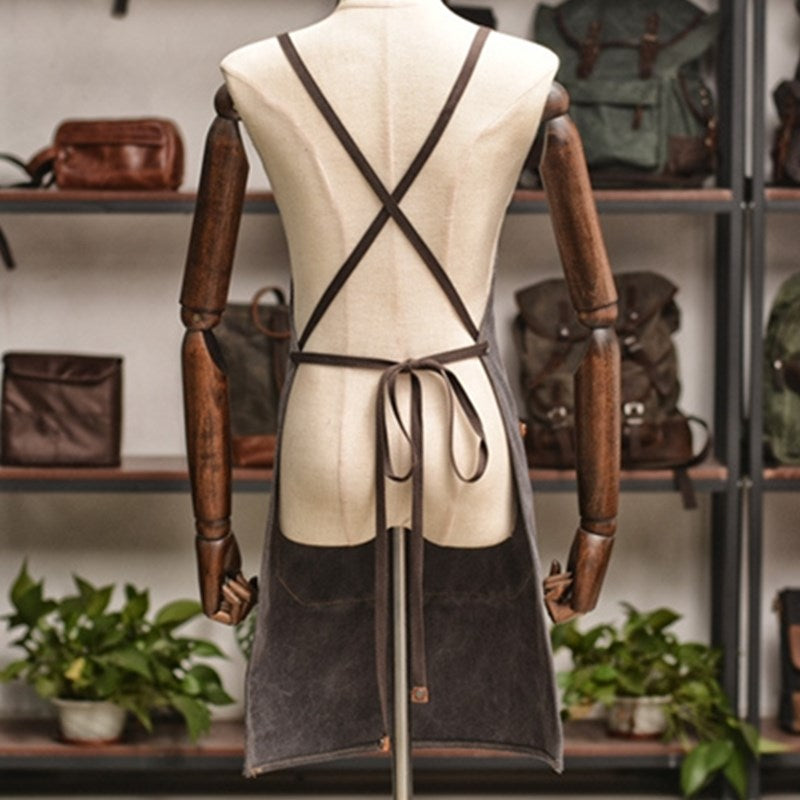 Cross-back Gray Canvas Apron Cafe Barista Bartender Restaurant BBQ Pastry Chef Uniform Florist Barber Gardener Workwear