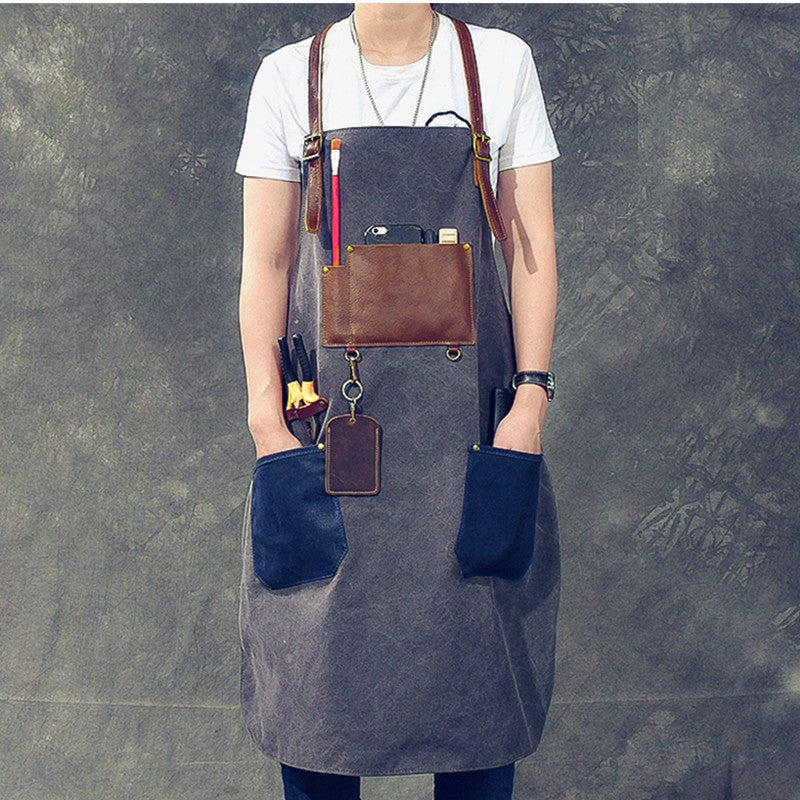 Cross-back Canvas Apron Leather Cotton Straps Barber Florist Gardener Painter Work Wear Barista Bartender Uniform