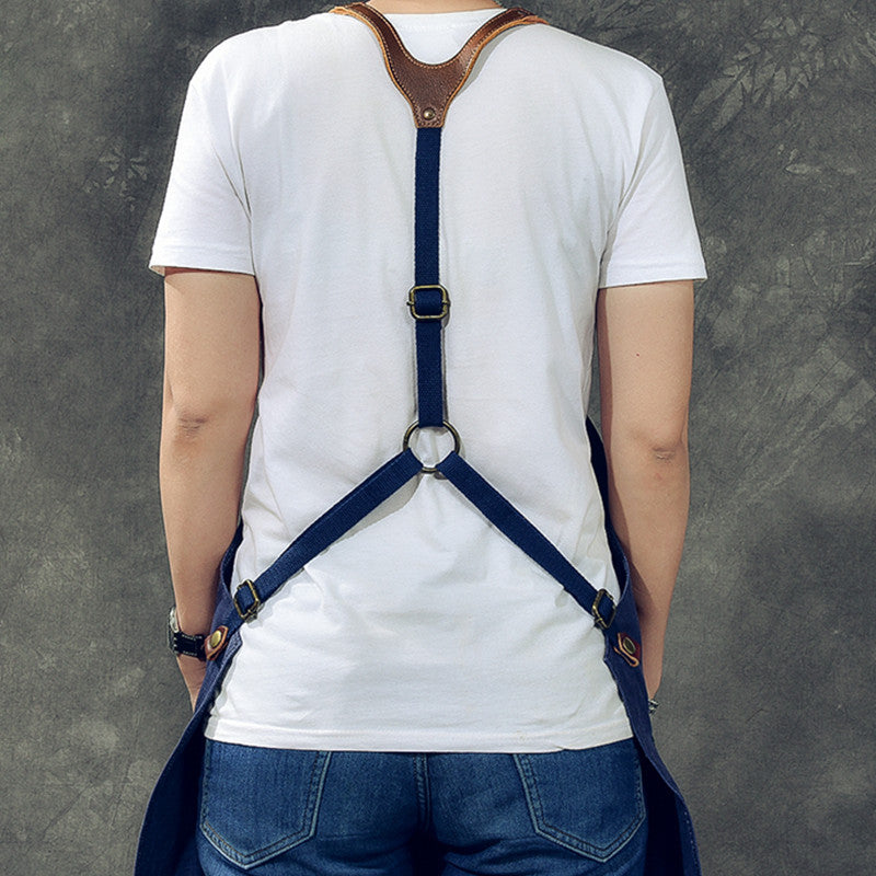 Cross-back Canvas Apron Leather Cotton Straps Barber Florist Gardener Painter Work Wear Barista Bartender Uniform