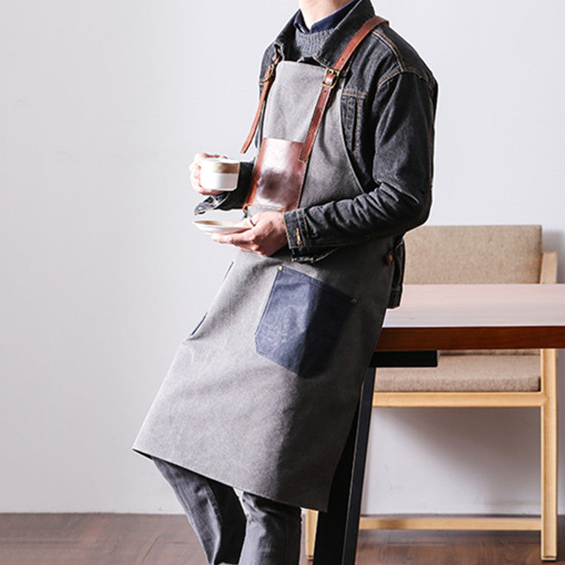 Cross-back Canvas Apron Leather Cotton Straps Barber Florist Gardener Painter Work Wear Barista Bartender Uniform