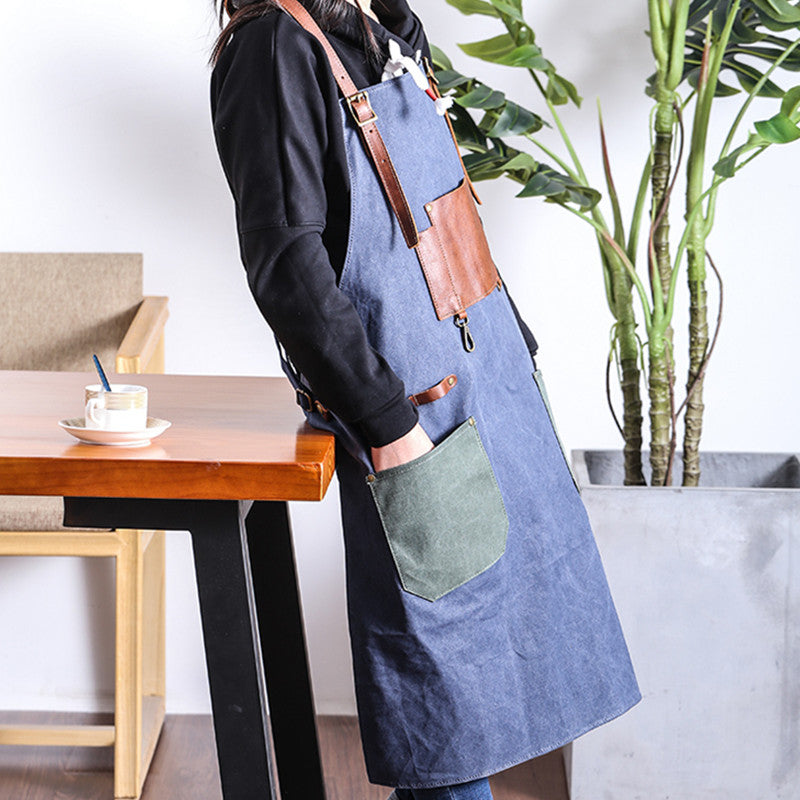 Cross-back Canvas Apron Leather Cotton Straps Barber Florist Gardener Painter Work Wear Barista Bartender Uniform