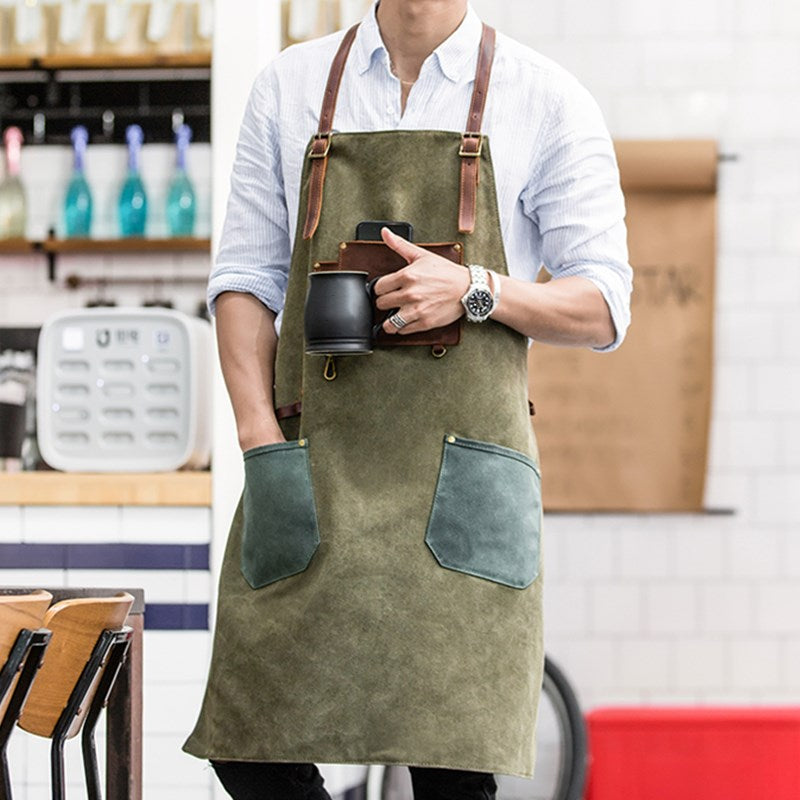 Cross-back Canvas Apron Leather Cotton Straps Barber Florist Gardener Painter Work Wear Barista Bartender Uniform
