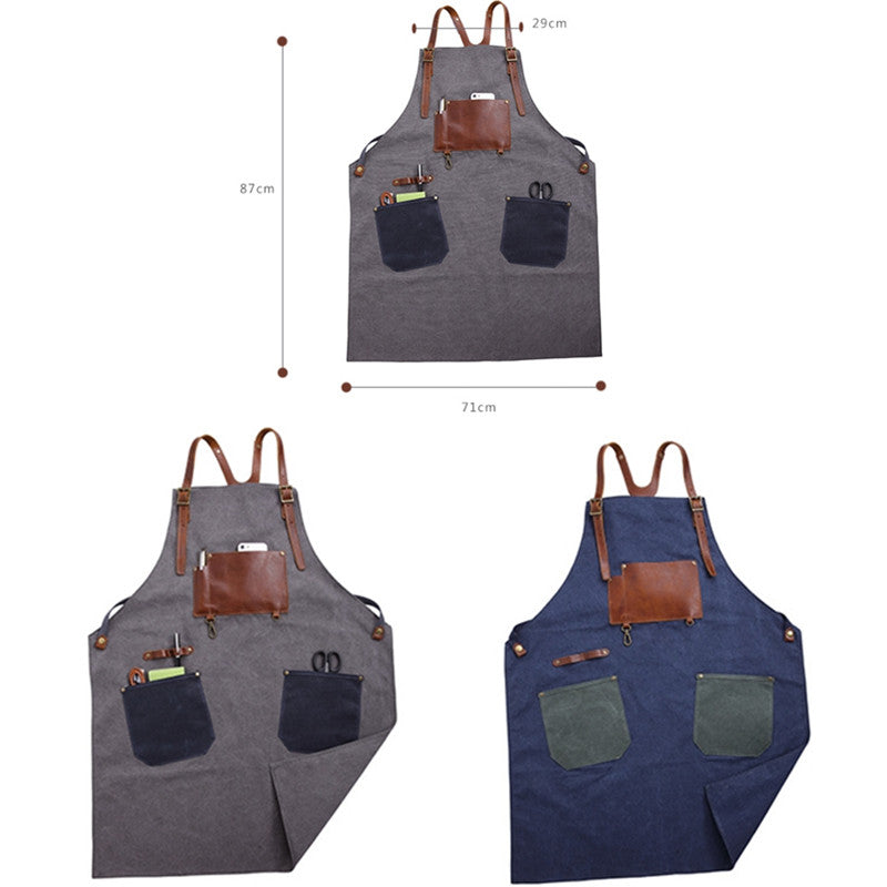 Cross-back Canvas Apron Leather Cotton Straps Barber Florist Gardener Painter Work Wear Barista Bartender Uniform