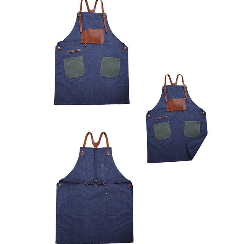 Cross-back Canvas Apron Leather Cotton Straps Barber Florist Gardener Painter Work Wear Barista Bartender Uniform