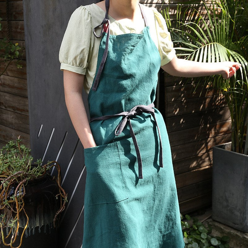 Green Cotton Apron Blue Home Kitchen Cooking Baking Painting Work Wear Cafe Barista Restaurant Waitress Florist Uniform