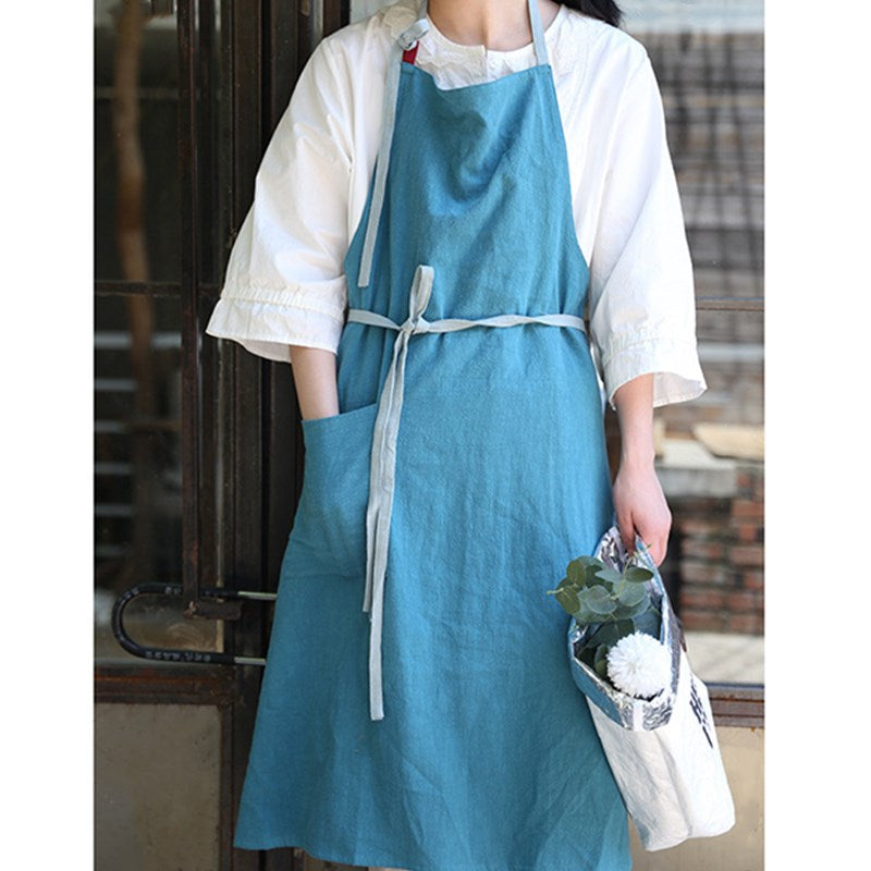 Green Cotton Apron Blue Home Kitchen Cooking Baking Painting Work Wear Cafe Barista Restaurant Waitress Florist Uniform
