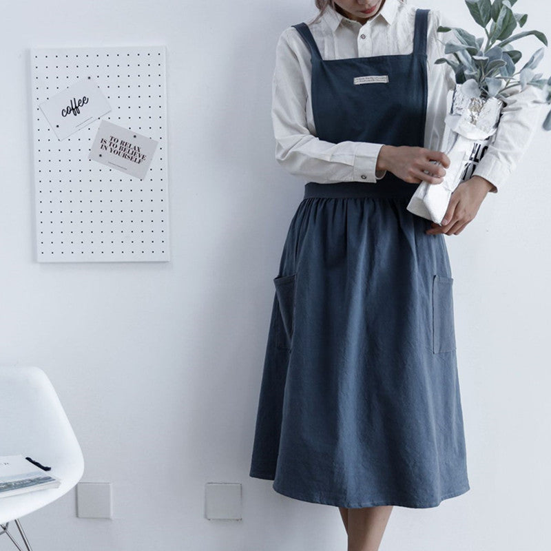 Cross-back Cotton Apron Pink Cafe Barista Restaurant Waitress Bakery Florist Uniform Blue Cooking Baking Crafting Work Wear