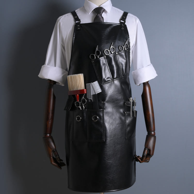 Cross-back Black PU Apron Florist Barber Hairdresser Carpenter Workwear Cafe Barista Bartender Pastry Chef BBQ Grill Uniform